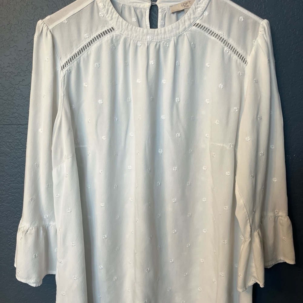 Loft Womens White Peasant Crew Neck Long Sleeve Tunic Blouse Top Size 18